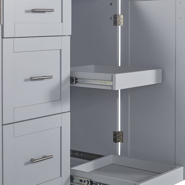 English Elm K&K Rolling Kitchen Island with Rubber Wood Top, 3 Drawers, Slide-Out Shelves & Locking Wheels for Organized Culinary Storage and Mobility Grey-Blue WF316599AAG