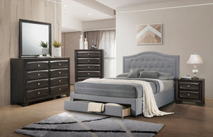 English Elm Light Burlap Queen Storage Bed with Button Tufted Arch Headboard for Modern Bedroom Light Grey B011S00705