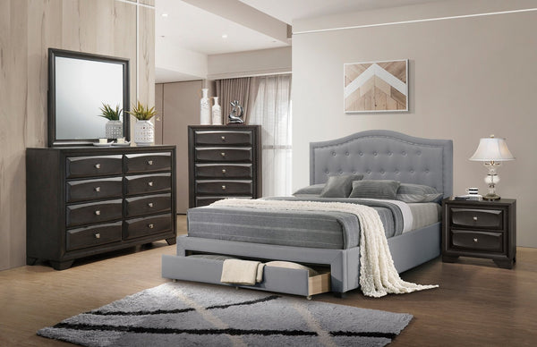 English Elm Light Burlap Queen Storage Bed with Button Tufted Arch Headboard for Modern Bedroom Light Grey B011S00705