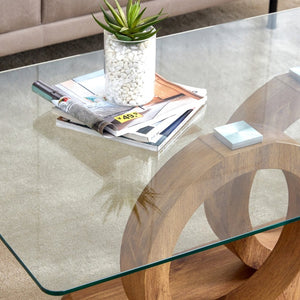 English Elm A Modern Glass Top Coffee Table with Wood Grain Legs for Living Room Decor W1151140296