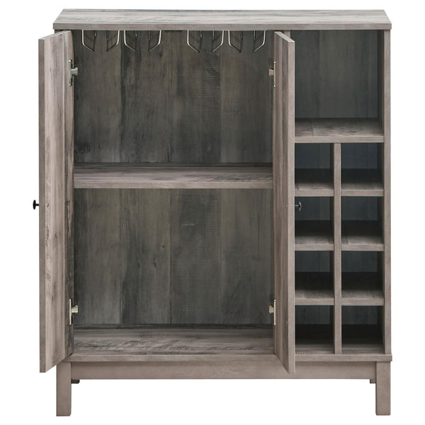 English Elm Weathered Acacia Wine Cabinet with Open Cubbies Stemware Racks and Matte Black Pulls B062P153898