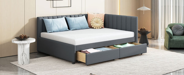 English Elm Full Size Linen Upholstered Daybed with Storage Drawers for Guest Room Studio Gray LP000172AAE