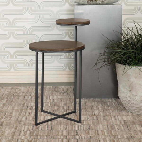 English Elm Natural Natural and Gunmetal 2-Tier Accent Table with Eco Mango Wood Tops and Retro Gunmetal Frame Chic B062P153886