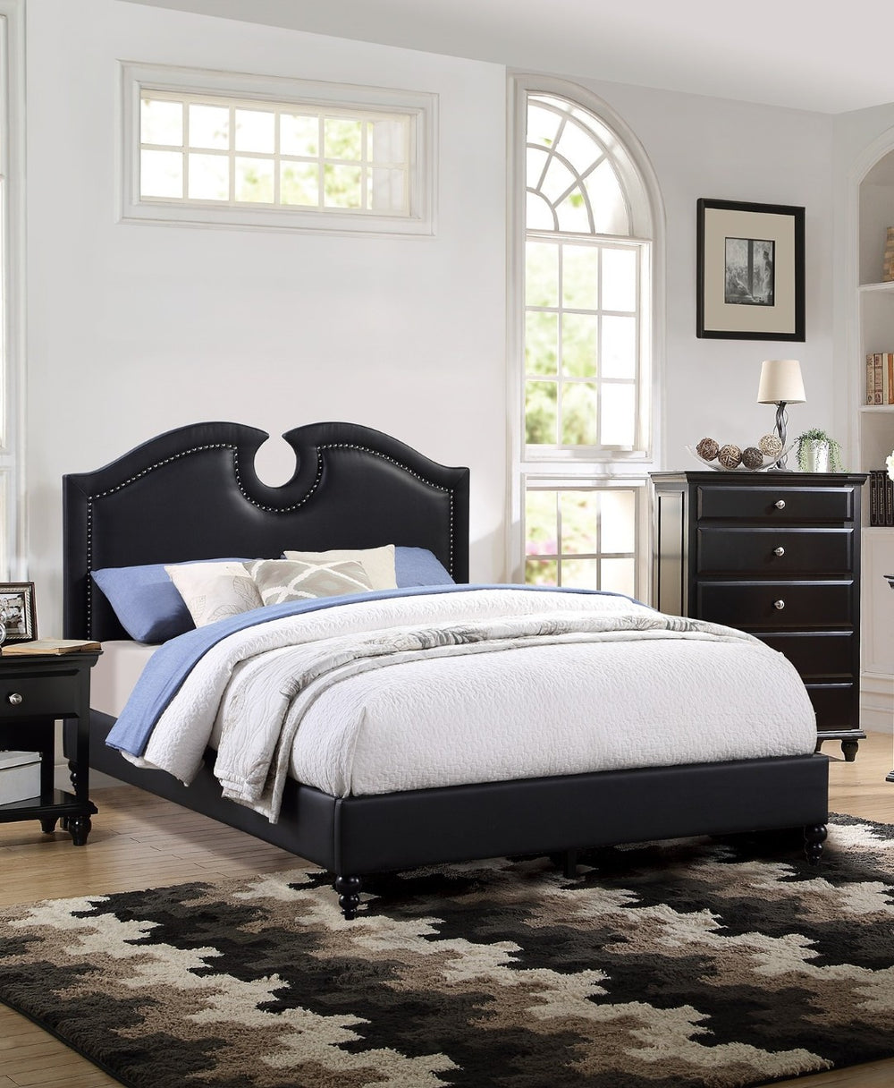 English Elm Black Faux Leather California King Platform Bed Nailhead Trim Tufted Headboard B011S02109
