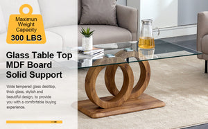 English Elm A Modern Glass Top Coffee Table with Wood Grain Legs for Living Room Decor W1151140296