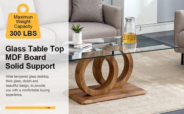 English Elm A Modern Glass Top Coffee Table with Wood Grain Legs for Living Room Decor W1151140296