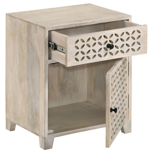 English Elm White Washed Mango Wood Accent Cabinet with Lattice Door, Drawer & Black Metal Hardware, Eco-Friendly Storage (22"H x 18"W x 14"D) B062P153881