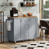 Grey Blue Rolling Kitchen Island, Wood Top, 3 Drawers, Storage Racks