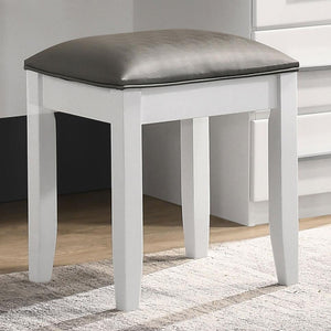 English Elm Glossy White Vanity Stool with Padded Seat, Glossy Wood Frame, Modern Clean Lines, Comfortable Upholstery Seat 18" H B062P153876
