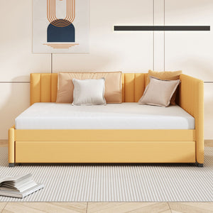 English Elm Full Size Linen Upholstered Daybed with Pull Out Trundle Sofa Frame for Bedroom Yellow LP000173AAL-1