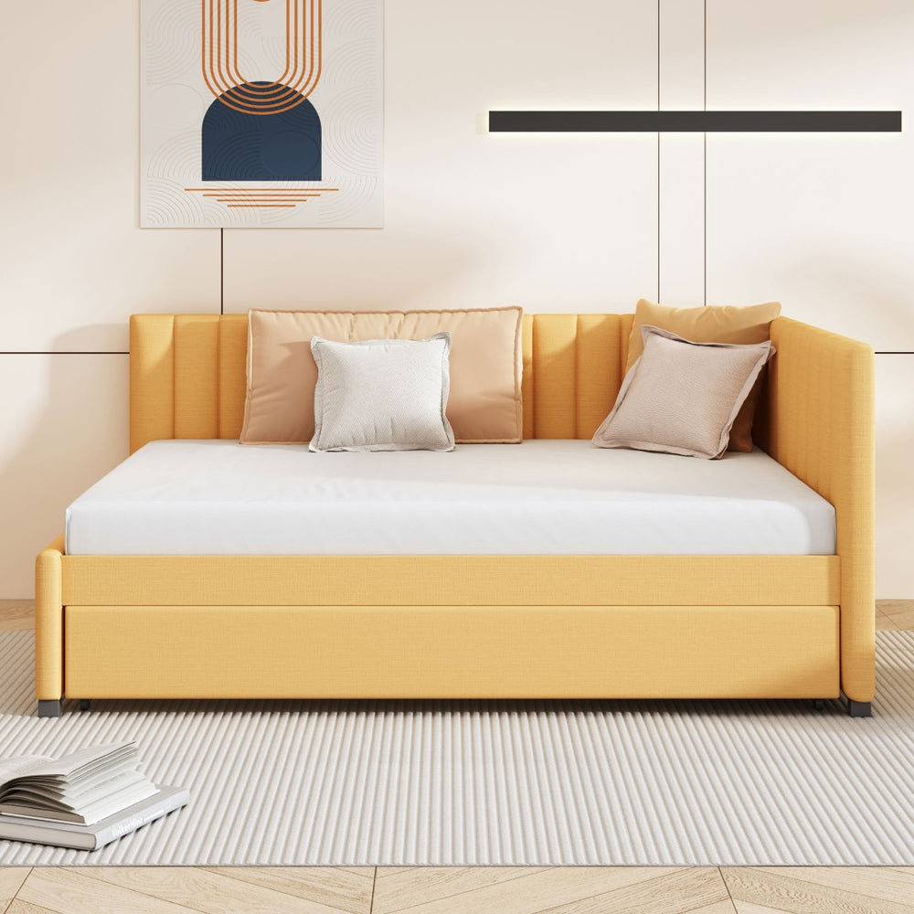 English Elm Full Size Linen Upholstered Daybed with Roll Out Trundle for Guest Rooms Yellow LP000173AAL