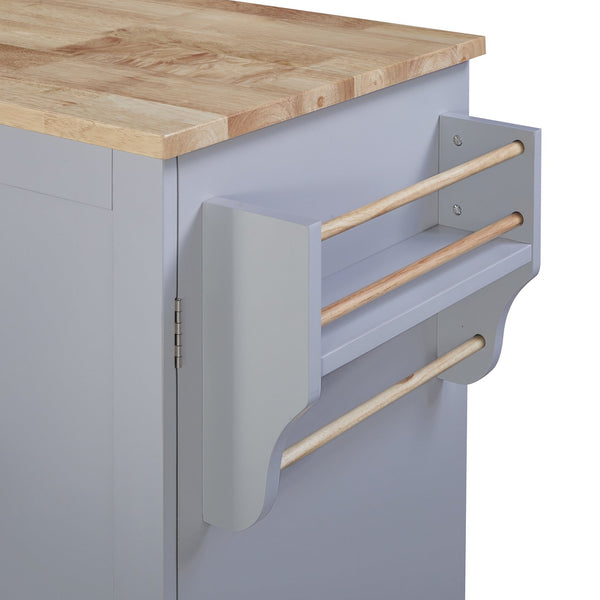 English Elm K&K Rolling Kitchen Island with Rubber Wood Top, 3 Drawers, Slide-Out Shelves & Locking Wheels for Organized Culinary Storage and Mobility Grey-Blue WF316599AAG