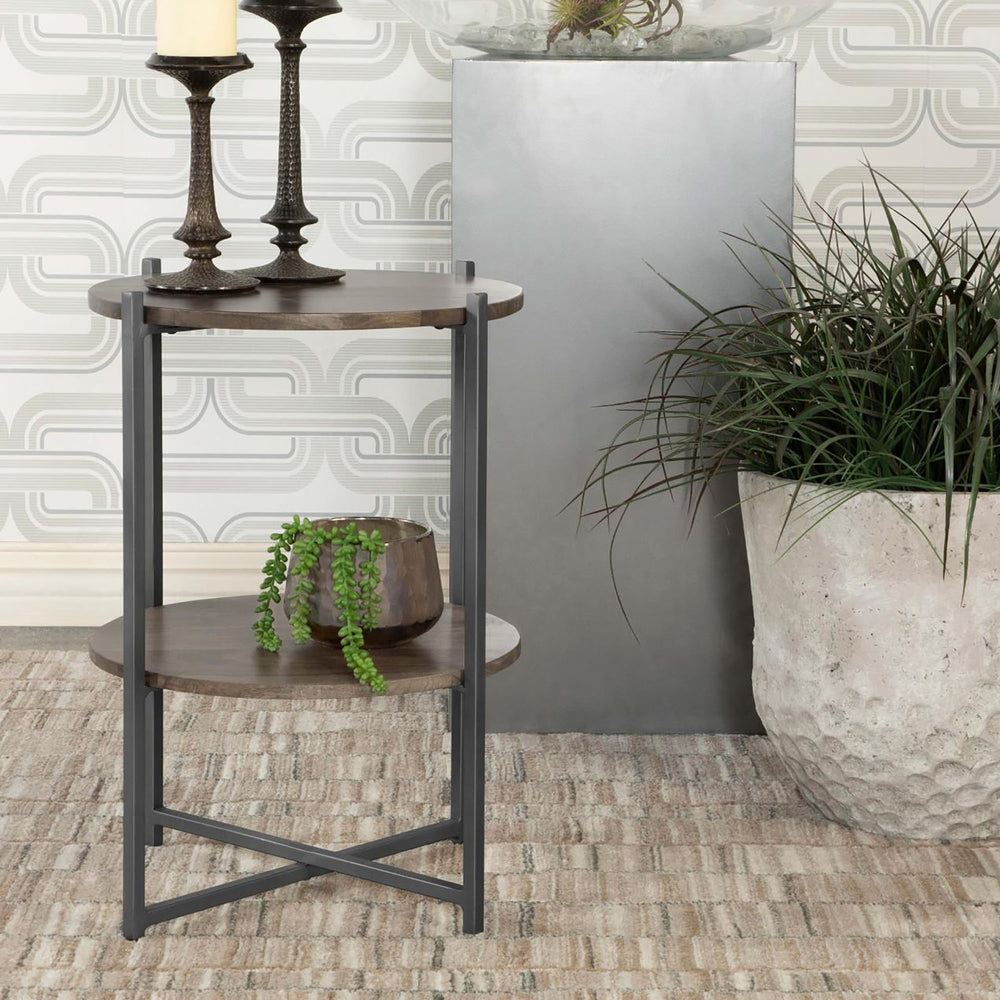 English Elm Natural Accent Table With Gunmetal Base & Open Shelf - Stylish Storage For Small Spaces, 18.5" B062P153890