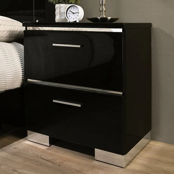 English Elm Contemporary high gloss lacquer nightstand with chrome accents, felt drawer, USB charging port, sleek modern bedside storage Black 27 L x 19 W x 31 H B011P155870