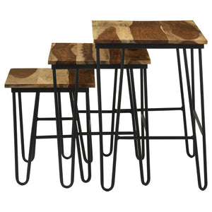 English Elm Natural 3-Piece Nesting Table Set With Hairpin Legs – Stylish Sheesham Wood & Black Metal Design B062P153893