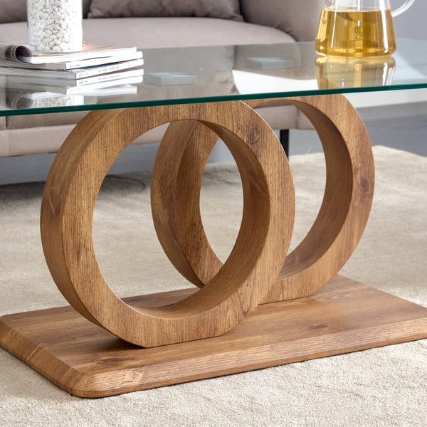 English Elm A Modern Glass Top Coffee Table with Wood Grain Legs for Living Room Decor W1151140296