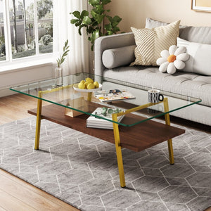 English Elm Rectangle Coffee Table - Modern Tempered Glass Top With Gold Metal Legs For Chic Living Room Style W241126033-GIGA