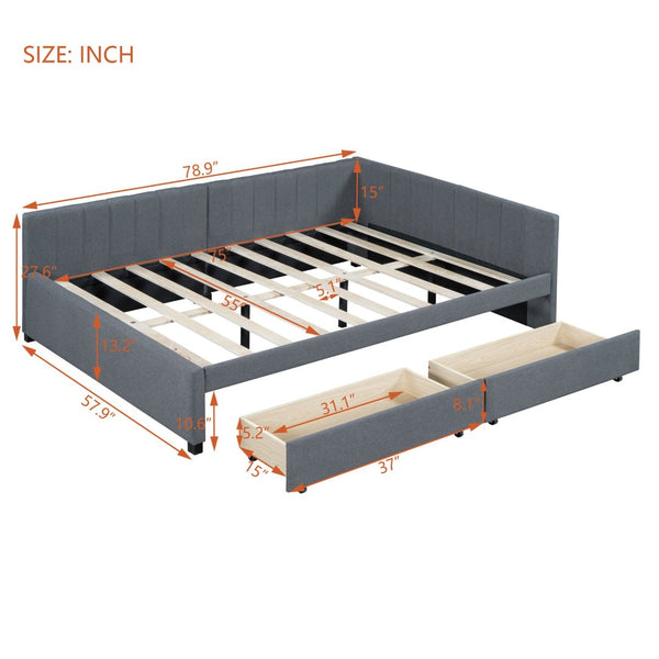 English Elm Full Size Linen Upholstered Daybed with Storage Drawers for Guest Room Studio Gray LP000172AAE