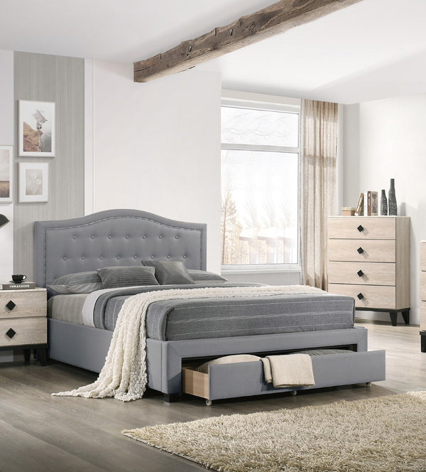 English Elm Light Burlap Upholstered Full Bed with Tufted Arch Headboard and Footboard Storage Drawer Light Grey B011S00706