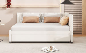 English Elm Full Size Linen Upholstered Daybed with Pull Out Trundle Sofa Frame for Bedroom Beige LP000173AAA-1