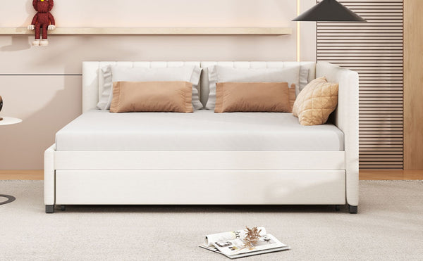 English Elm Full Size Linen Upholstered Daybed with Pull Out Trundle Sofa Frame for Bedroom Beige LP000173AAA-1