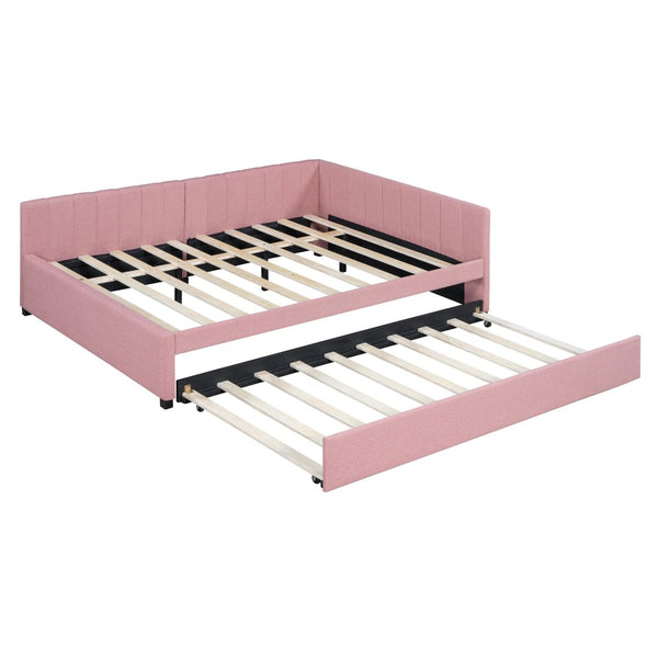 English Elm Full Size Linen Upholstered Daybed with Pull Out Trundle Sofa Frame for Bedroom Pink LP000173AAH-1