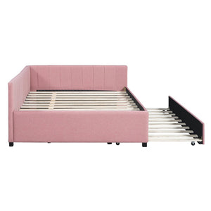 English Elm Full Size Linen Upholstered Daybed with Pull Out Trundle Sofa Frame for Bedroom Pink LP000173AAH-1