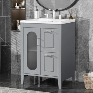 English Elm 24" Modern Bathroom Vanity with Ceramic Sink, Solid Wood & MDF Cabinet, Two Drawers, Shelf Grey N725P245273E