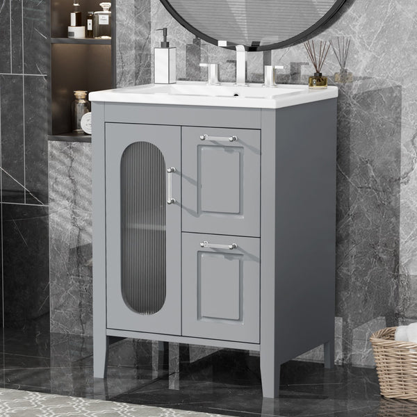 English Elm 24" Modern Bathroom Vanity with Ceramic Sink, Solid Wood & MDF Cabinet, Two Drawers, Shelf Grey N725P245273E