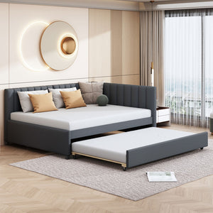 English Elm Full Size Linen Upholstered Daybed with Pull Out Trundle Sofa Frame for Bedroom Gray LP000173AAE-1