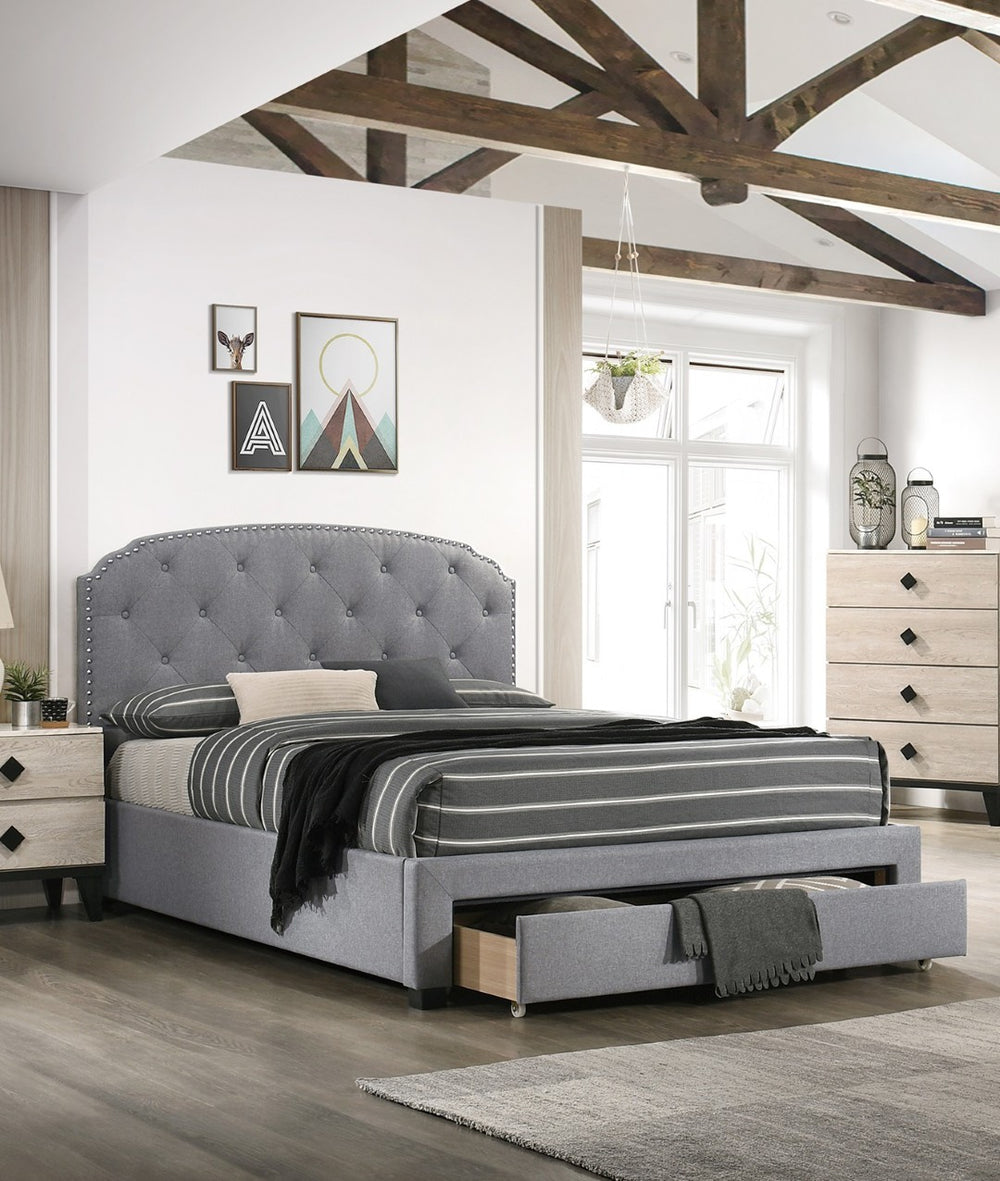 English Elm Light Grey Burlap Twin Storage Bed with Button Tufted Headboard for Modern Bedrooms B011S00701