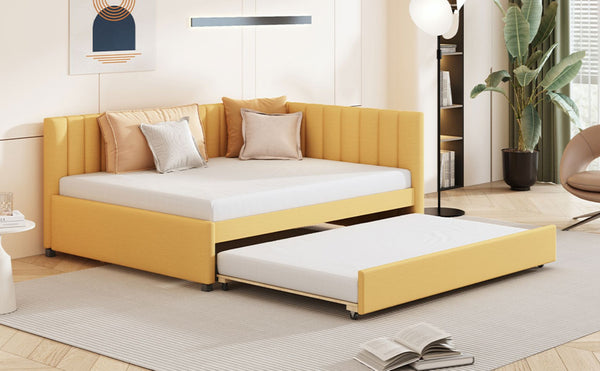 English Elm Full Size Linen Upholstered Daybed with Pull Out Trundle Sofa Frame for Bedroom Yellow LP000173AAL-1
