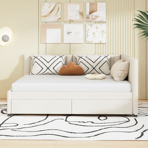 English Elm Full Size Linen Upholstered Daybed with Storage Drawers Sofa Bed for Guest Rooms Beige LP000172AAA-1