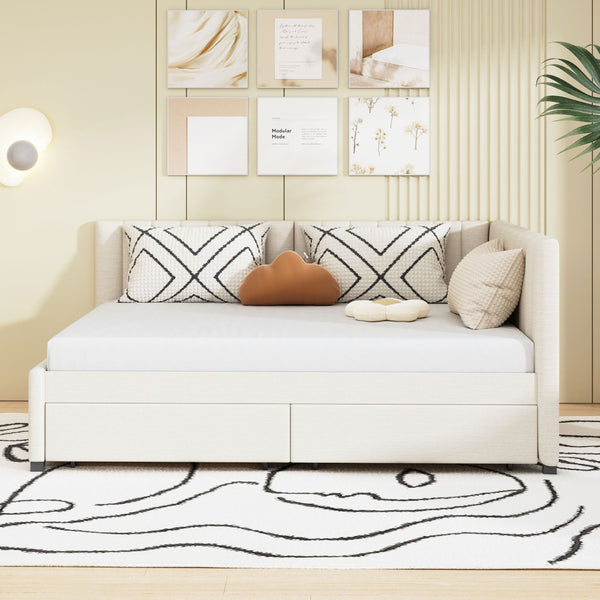 English Elm Full Size Linen Upholstered Daybed with Storage Drawers Sofa Bed for Guest Rooms Beige LP000172AAA-1