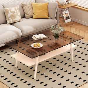 English Elm Coffee Table And End Tables Set Of 3 – Modern Brown Glass, Sturdy Iron Legs, Ideal For Living Room W241S00044