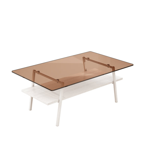 English Elm Coffee Table And End Tables Set Of 3 – Modern Brown Glass, Sturdy Iron Legs, Ideal For Living Room W241S00044
