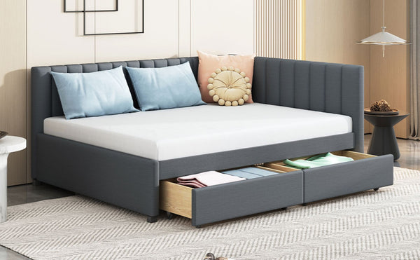 English Elm Full Size Linen Upholstered Daybed with Storage Drawers Sofa Bed for Guest Rooms Gray LP000172AAE-1