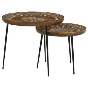 English Elm Honey Natural Mango 2-Piece Nesting Tables with Gunmetal Iron Frame, Round Tiered Accent Tables for Living Room Decor B062P153891