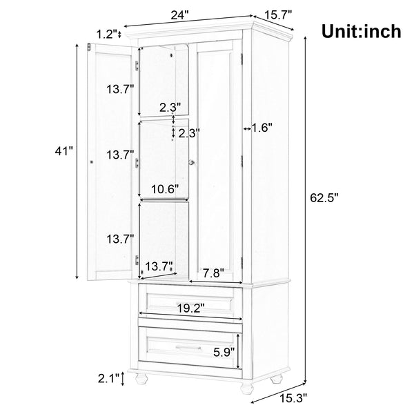 English Elm Tall Slim Storage Cabinet with Adjustable Shelves, 2 Drawers & Doors, Anti-Tip Design for Bathroom White WF299284AAK