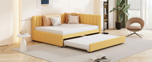 English Elm Full Size Linen Upholstered Daybed with Roll Out Trundle for Guest Rooms Yellow LP000173AAL