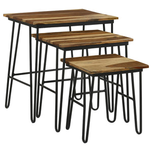 English Elm Natural 3-Piece Nesting Table Set With Hairpin Legs – Stylish Sheesham Wood & Black Metal Design B062P153893