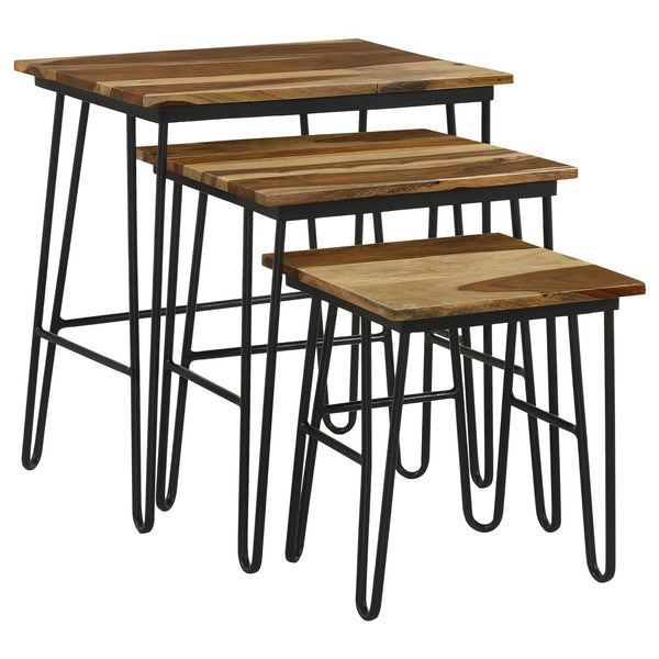 English Elm Natural 3-Piece Nesting Table Set With Hairpin Legs – Stylish Sheesham Wood & Black Metal Design B062P153893
