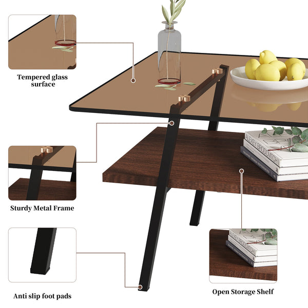 English Elm Coffee Table And End Tables Set Of 3 – Modern Brown Glass & Mdf Design For Chic Living Room Style W241S00043