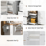 Hearth and Haven K&K Rolling Kitchen Island with Storage, Kitchen Cart with Rubber Wood Top, 3 Drawer, 2 Slide-Out Shelf and Internal Storage Rack, Kitchen Island On Wheels with Spice Rack & Tower Rack WF316599AAW