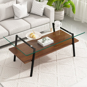English Elm Coffee Table And End Tables Set Of 3 - Modern Tempered Glass With Mdf Shelf For Stylish Living Room W241S00053