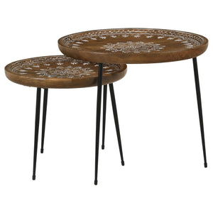 English Elm Honey Natural Mango 2-Piece Nesting Tables with Gunmetal Iron Frame, Round Tiered Accent Tables for Living Room Decor B062P153891