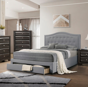 English Elm Light Burlap Upholstered Full Bed with Tufted Arch Headboard and Footboard Storage Drawer Light Grey B011S00706