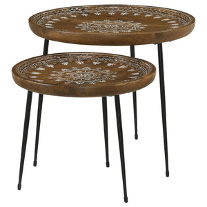 English Elm Honey Natural Mango 2-Piece Nesting Tables with Gunmetal Iron Frame, Round Tiered Accent Tables for Living Room Decor B062P153891
