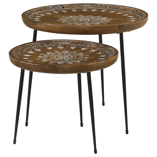 English Elm Honey Natural Mango 2-Piece Nesting Tables with Gunmetal Iron Frame, Round Tiered Accent Tables for Living Room Decor B062P153891