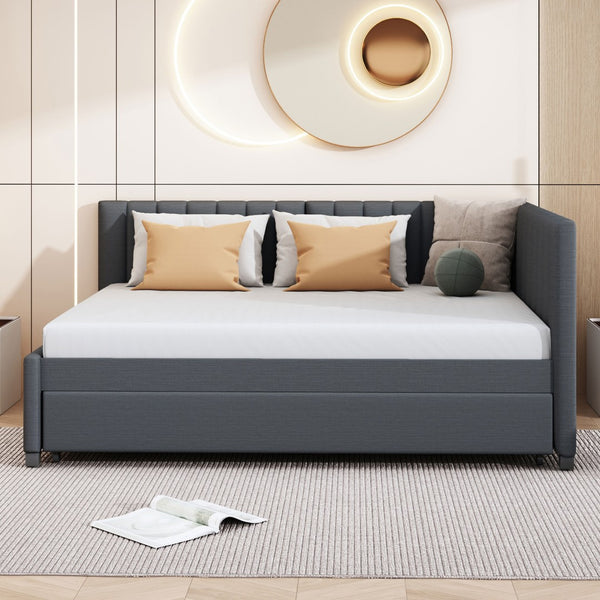 English Elm Full Size Linen Upholstered Daybed with Pull Out Trundle Sofa Frame for Bedroom Gray LP000173AAE-1